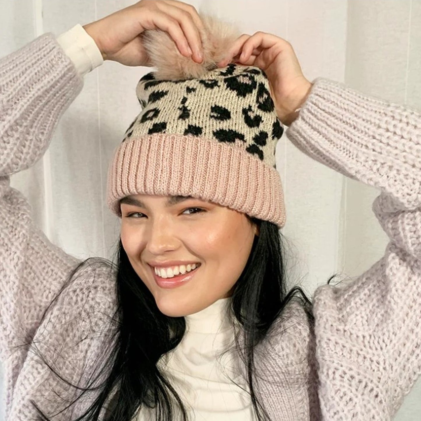 Summer & Rose Chenille Leopard Print Beanie with 3 Changeable Poms