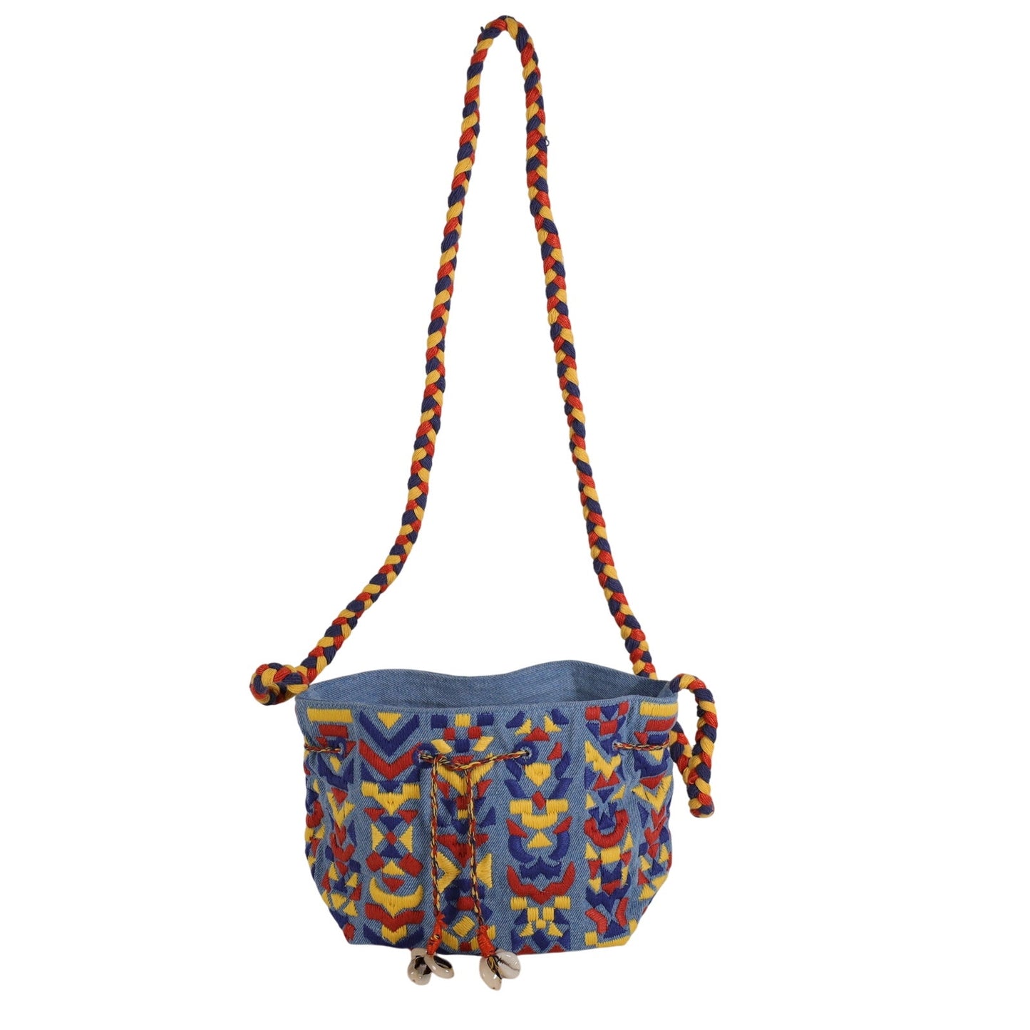 Lovestitch Boho Denim Embroidered Bucket Bag w/ Shells - Blue Denim