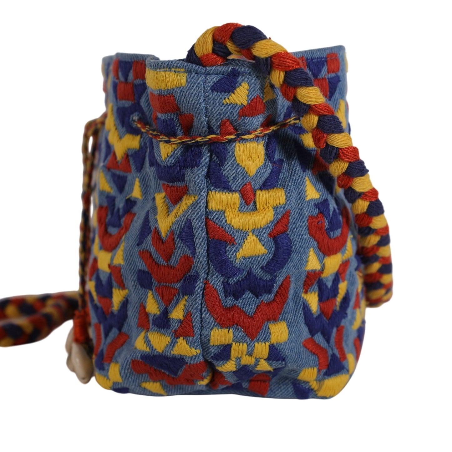 Lovestitch Boho Denim Embroidered Bucket Bag w/ Shells - Blue Denim
