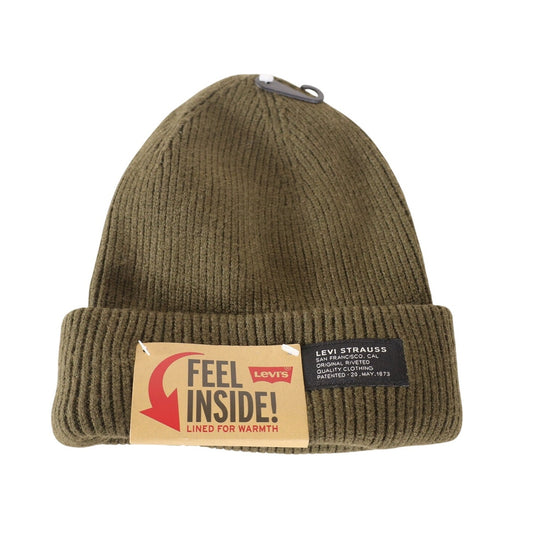 Levi's Soft Rib Knit Cuff Beanie Cap With Jersey Lining - Olive Green