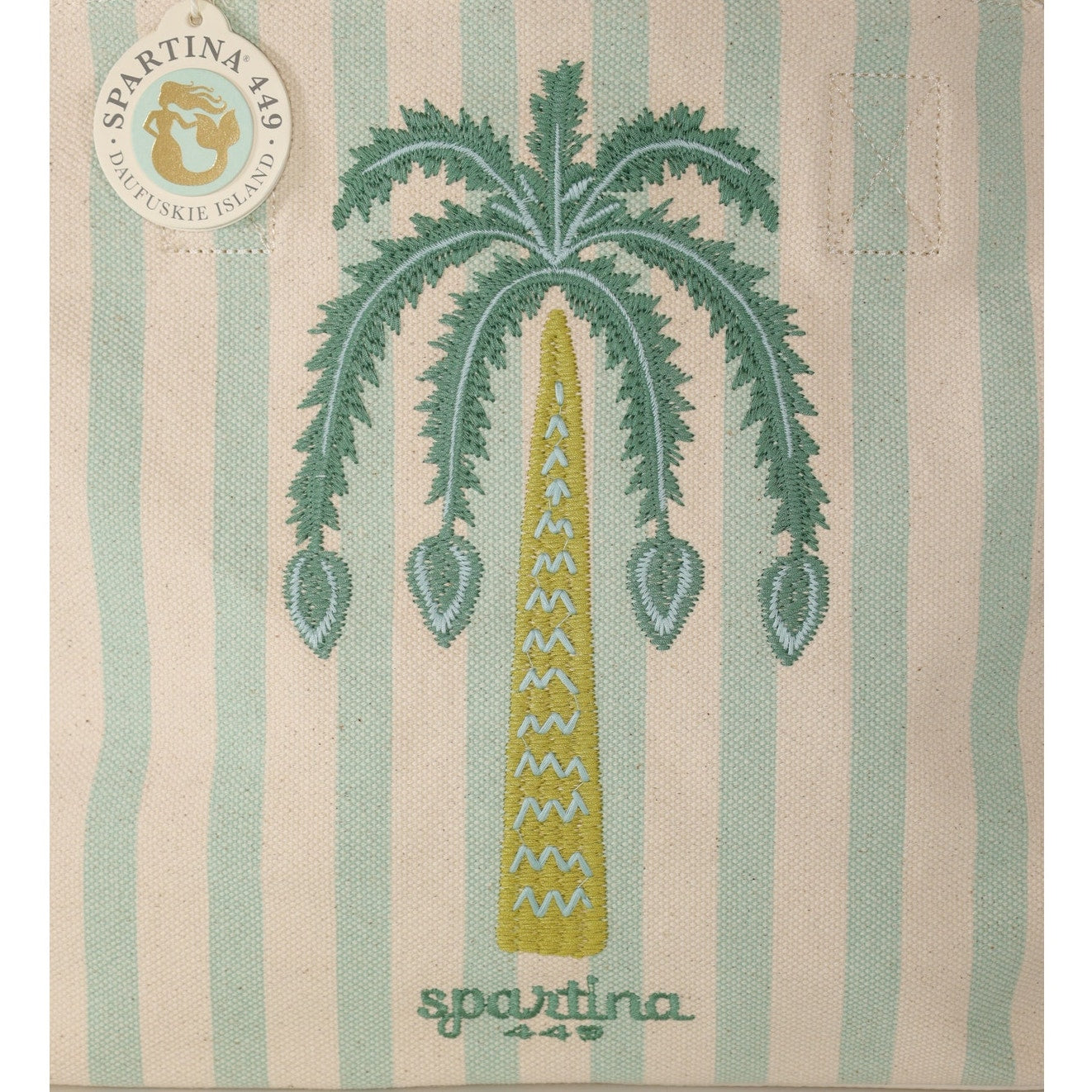 Spartina 449 Canvas Beach Tote – Sea Foam Embroidered Palm Tree Stripe