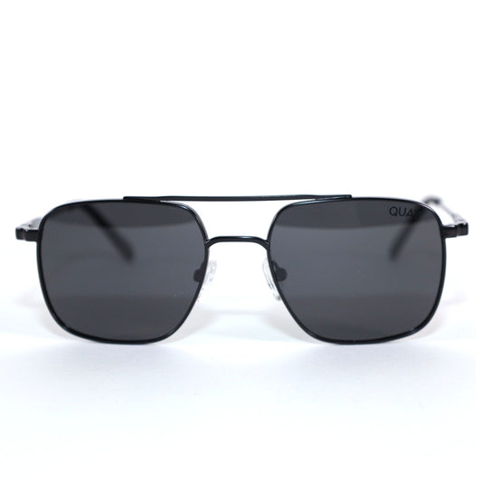 Sunglasses with dark lenses and thin frame on a white background