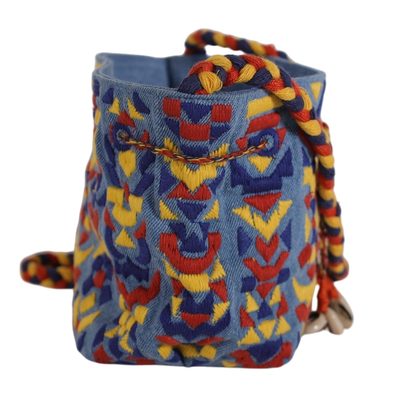 Lovestitch Boho Denim Embroidered Bucket Bag w/ Shells - Blue Denim