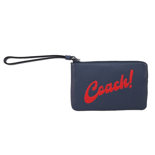 Coach Corner Zip Leather Wristlet Wallet – Navy Blue with Bold Red Script