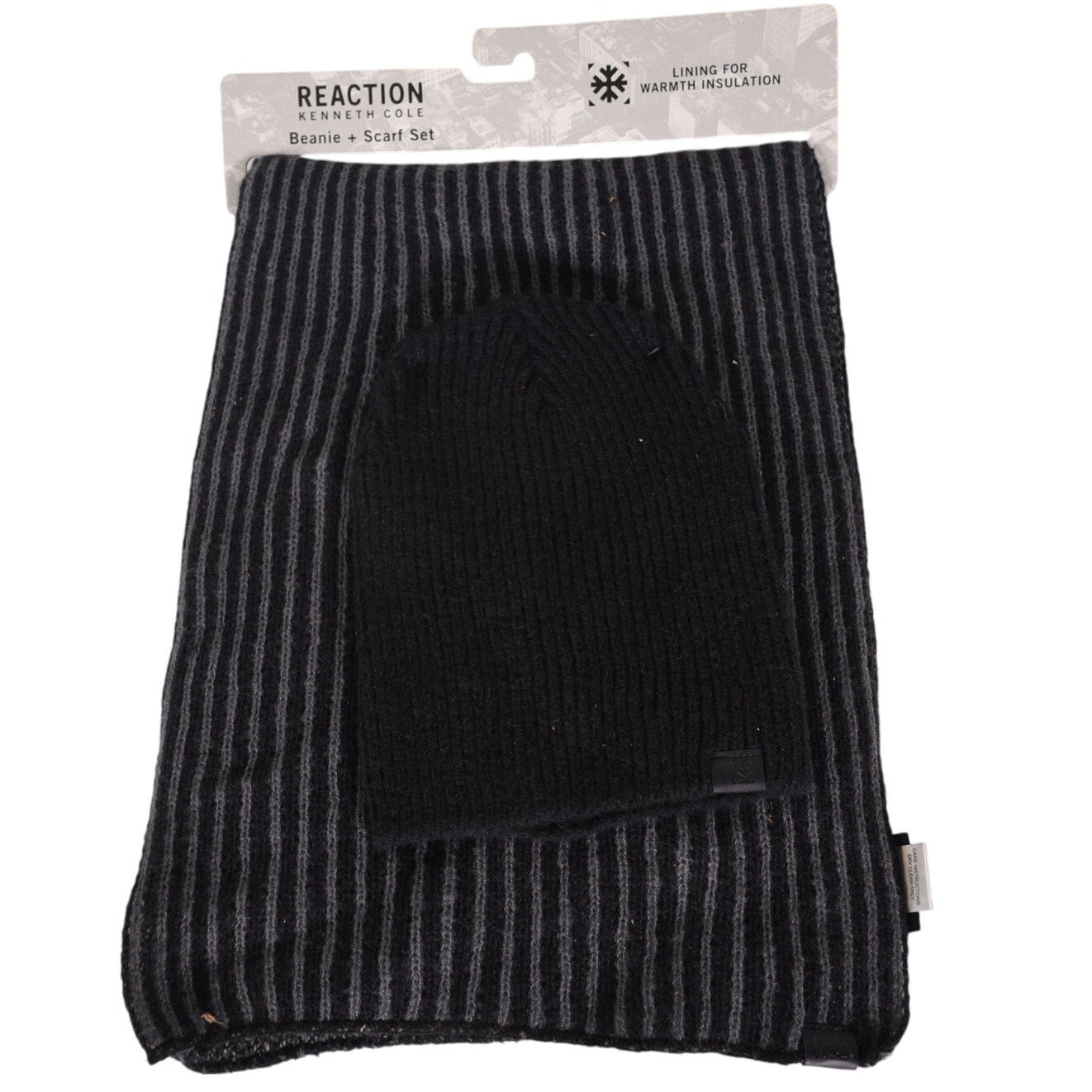 Kenneth Cole Reaction Striped Knit Scarf and Beanie Set - Black/Gray