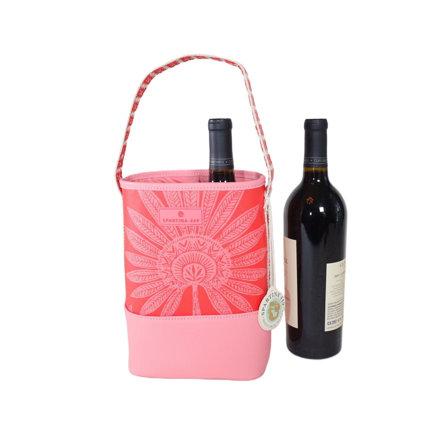 Spartina 449 Double Wine Caddy Coastal Tote Bag - Palmetto Frond Pink Print