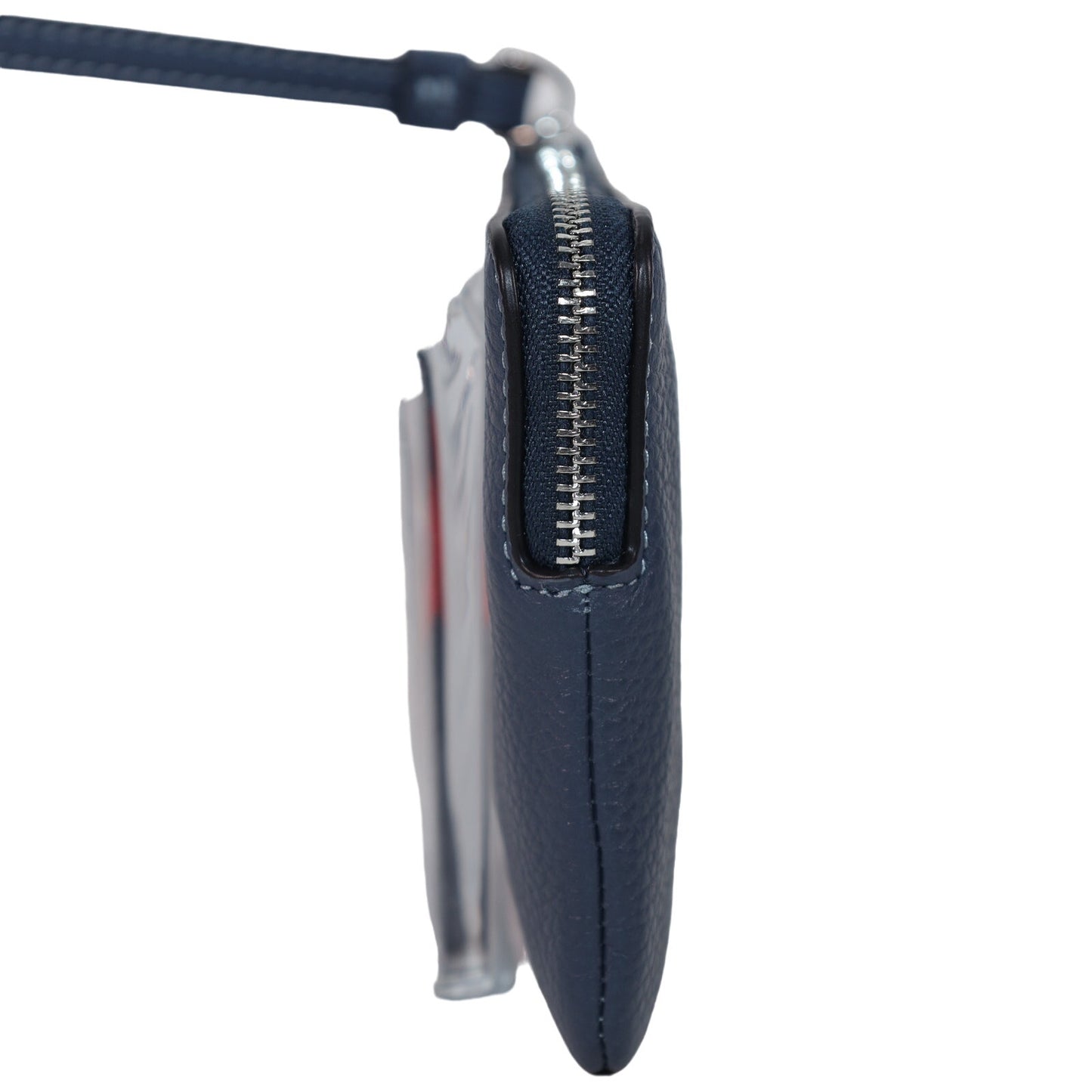 Coach Corner Zip Leather Wristlet Wallet – Navy Blue with Bold Red Script