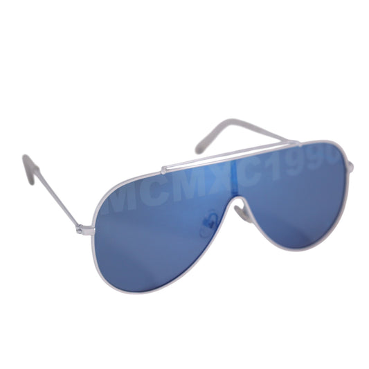 Steve Madden MAXWELL Shield Aviator Sunglasses-White Metal Frame/Blue Mirror