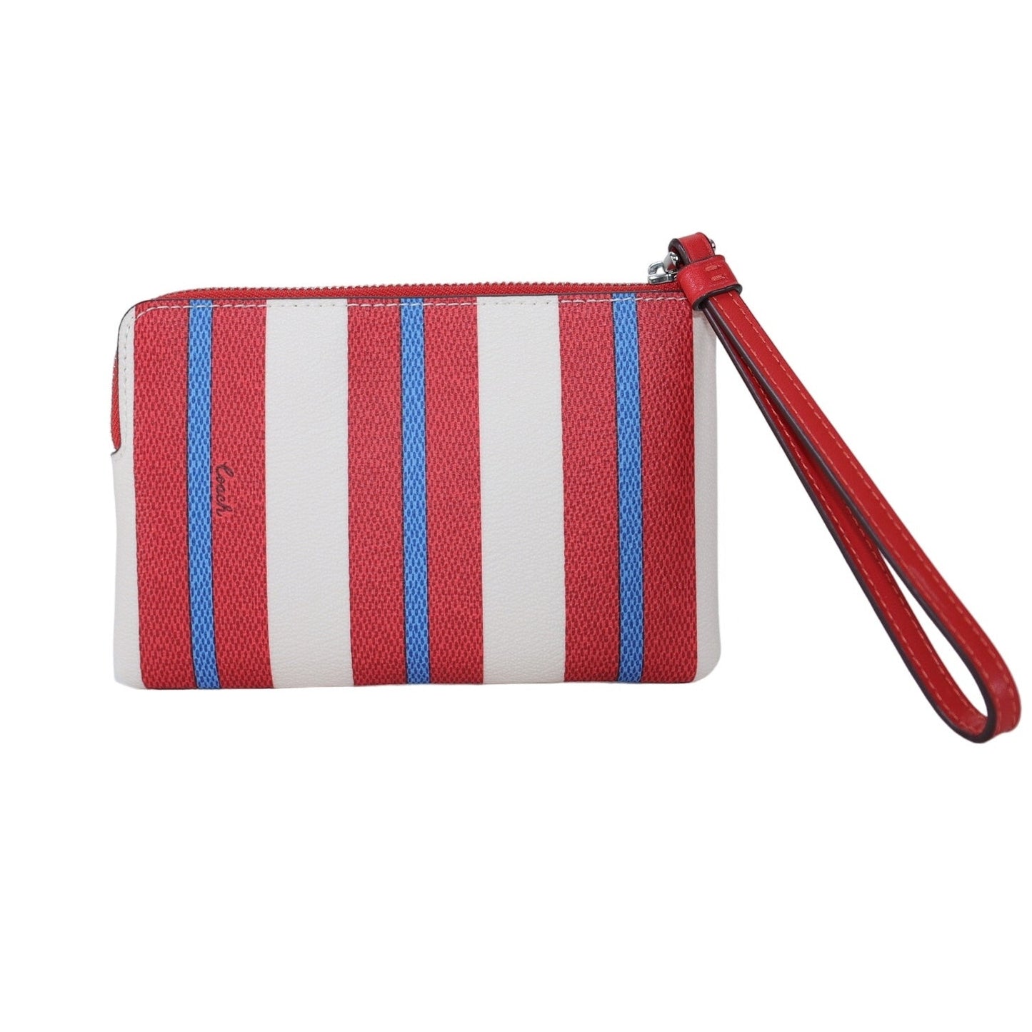 Coach Corner Zip Wristlet With Stripe Print - Red/White/Blue Stripe