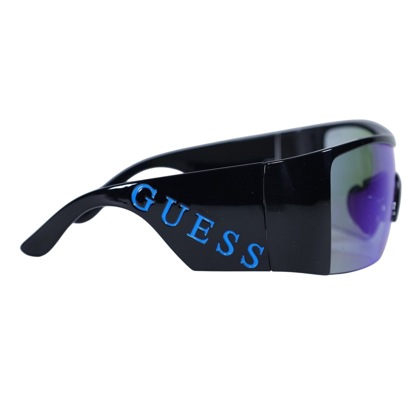 Guess Shield Wraparound Sunglasses - Shiny Black / Mirror Blue