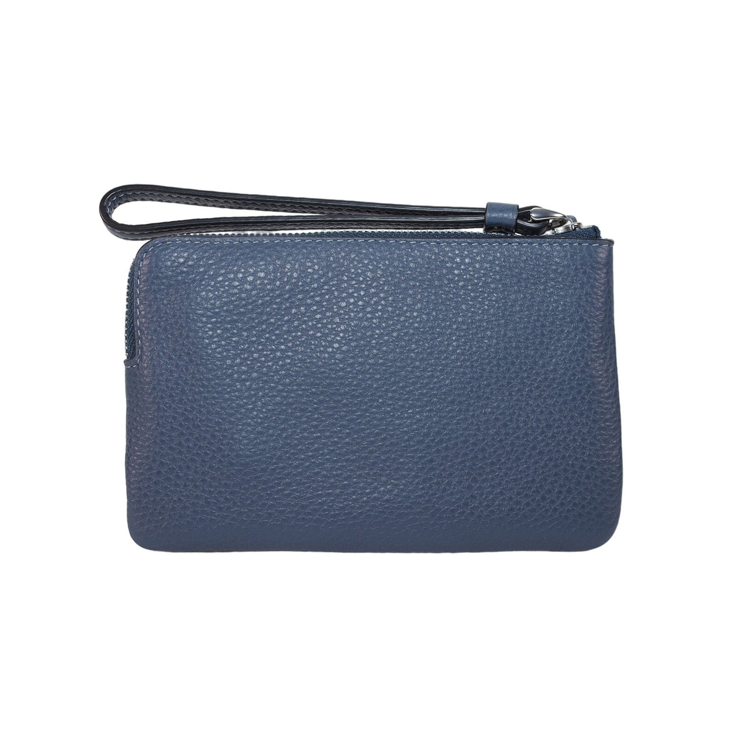 Coach Corner Zip Leather Wristlet Wallet – Navy Blue with Bold Red Script