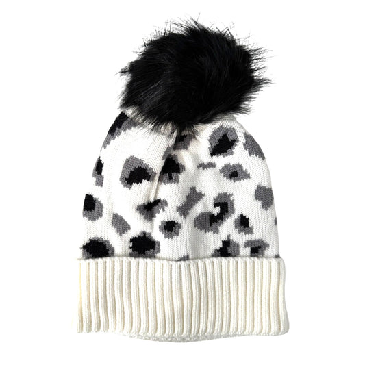 Virginia Wolf Leopard Beanie with Faux Fur Snap Pom Pom - White / Black