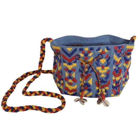 Lovestitch Boho Denim Embroidered Bucket Bag w/ Shells - Blue Denim
