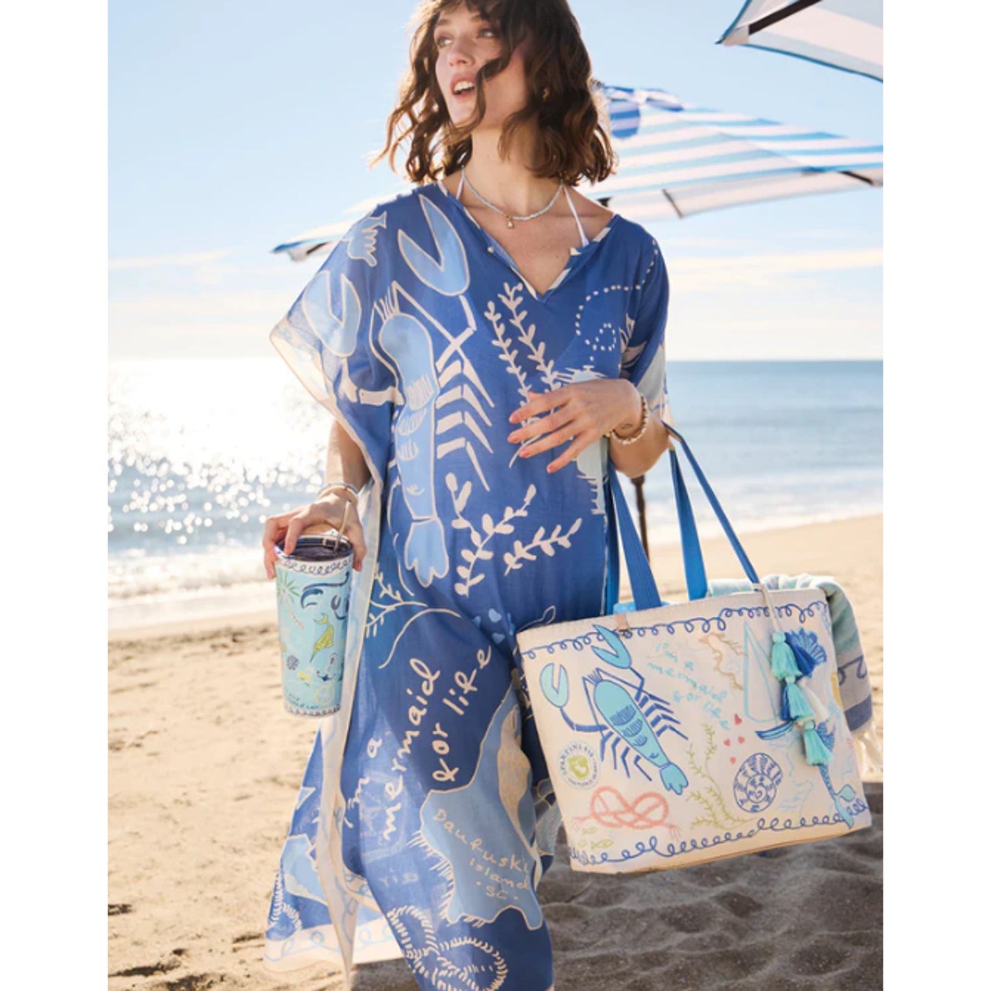 Spartina 449 Cotton Canvas Beach Tote – Overboard | Nautical Mermaid Print