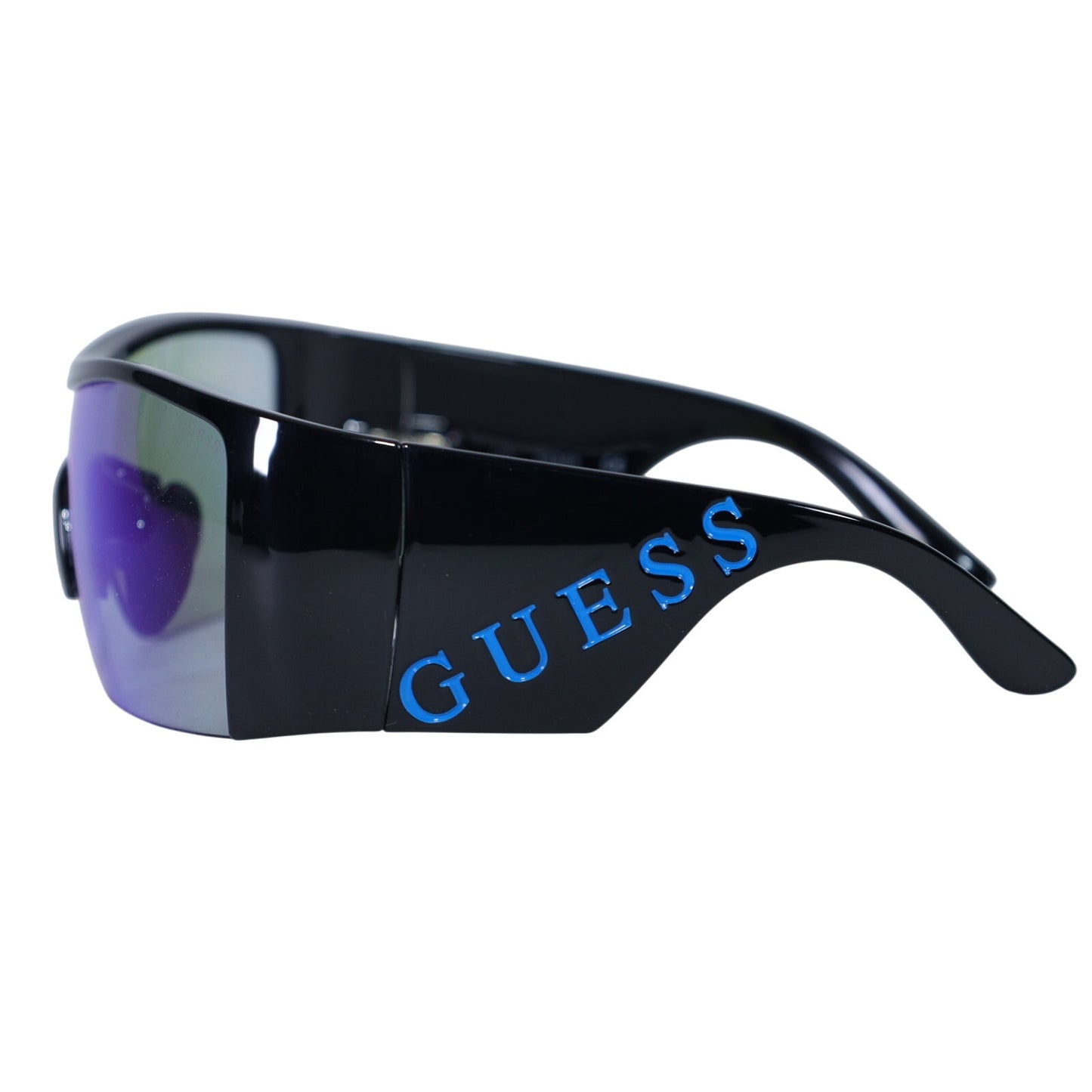 Guess Shield Wraparound Sunglasses - Shiny Black / Mirror Blue