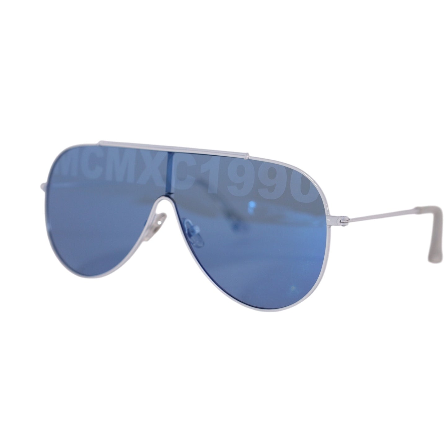 Steve Madden MAXWELL Shield Aviator Sunglasses-White Metal Frame/Blue Mirror