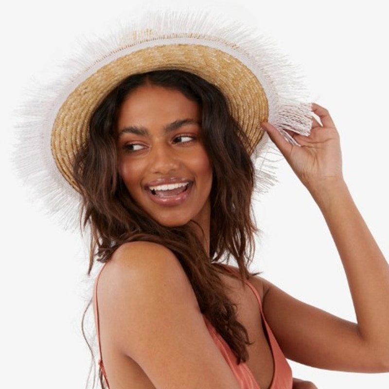 Kensie Wide Brim Straw Hat with Fringe – Beach Sun Hat – Natural – One Size