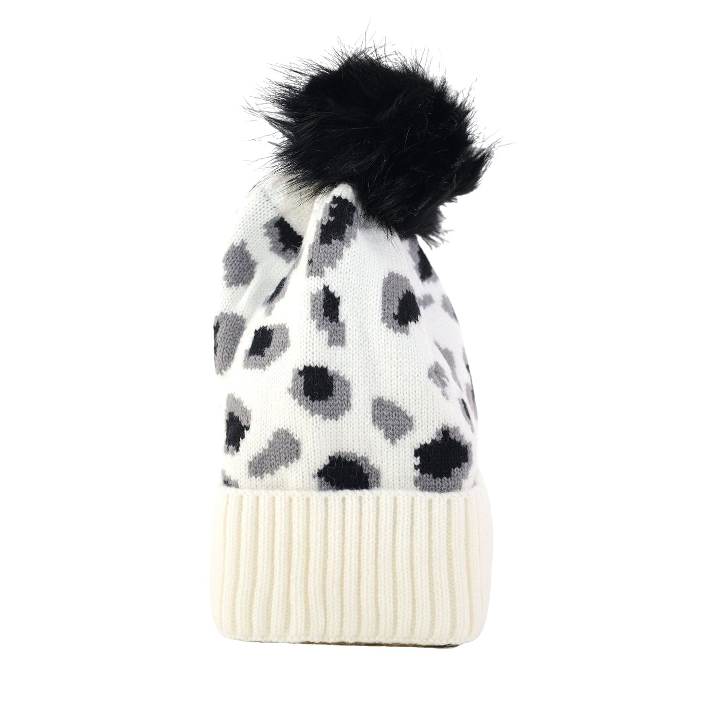 Virginia Wolf Leopard Beanie with Faux Fur Snap Pom Pom - White / Black