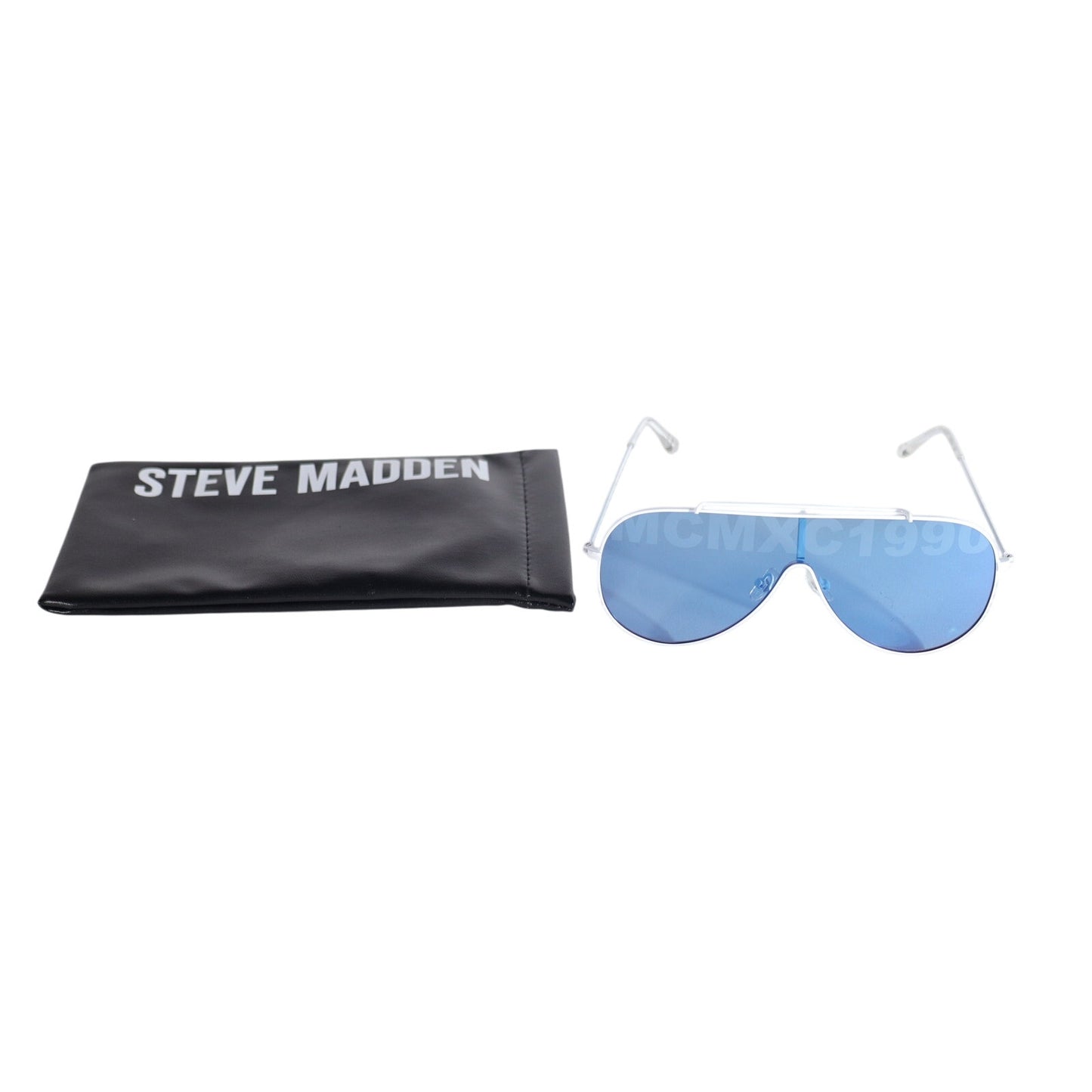 Steve Madden MAXWELL Shield Aviator Sunglasses-White Metal Frame/Blue Mirror