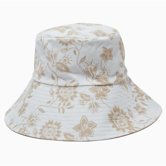 Reversible Cotton Bucket Hat with Tan Floral on one side and solid Khaki on the other