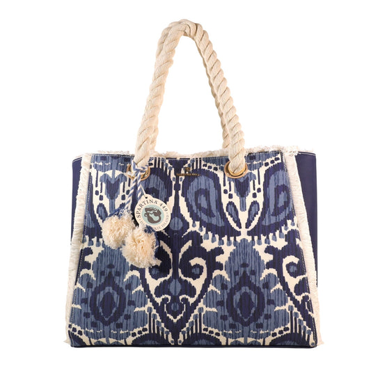 Spartina 449 Moonglade Boho Beach Tote–Large Rope Handle Bag-Blue Ikat