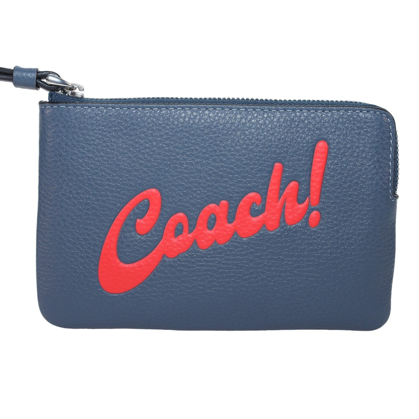 Coach Corner Zip Leather Wristlet Wallet – Navy Blue with Bold Red Script