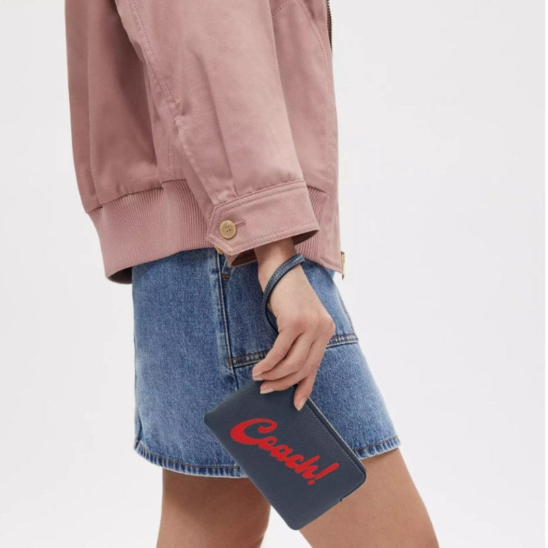 Coach Corner Zip Leather Wristlet Wallet – Navy Blue with Bold Red Script