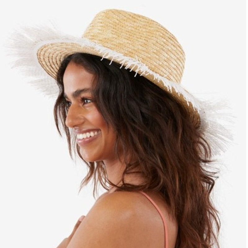 Kensie Wide Brim Straw Hat with Fringe – Beach Sun Hat – Natural – One Size