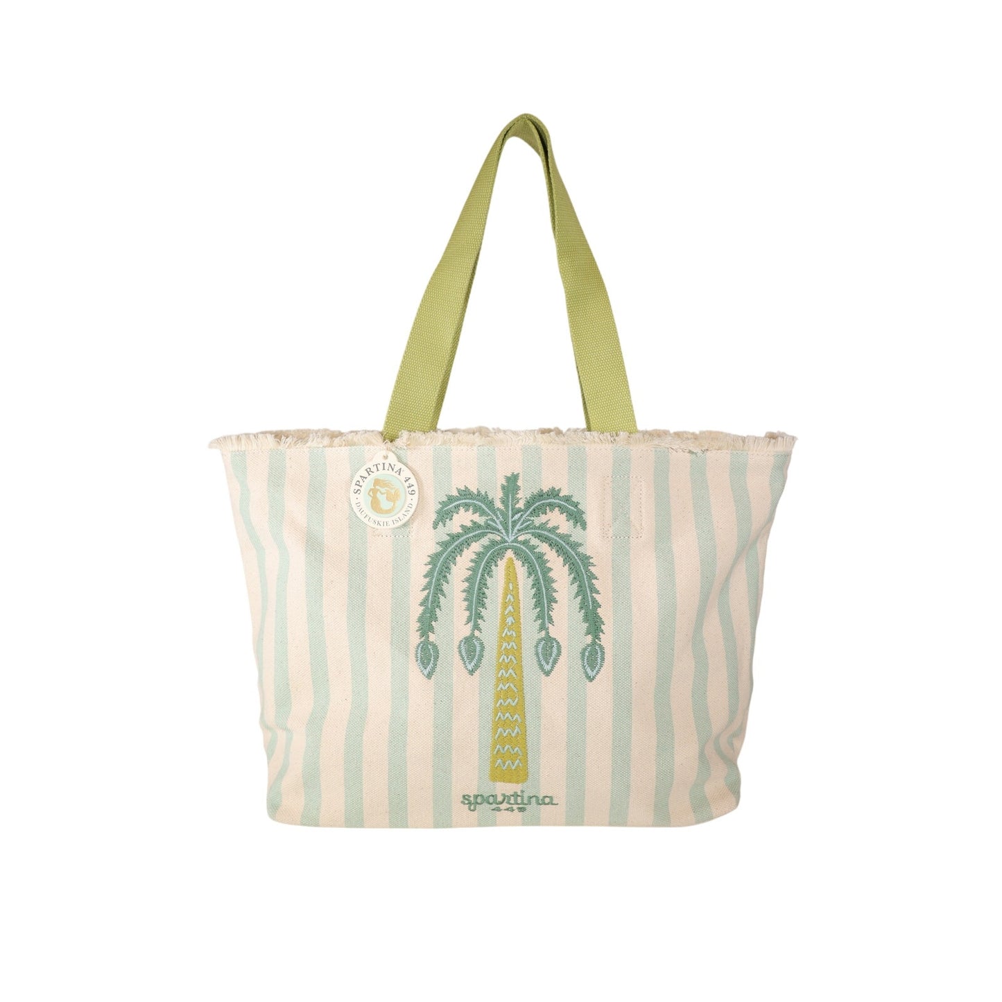 Spartina 449 Canvas Beach Tote – Sea Foam Embroidered Palm Tree Stripe