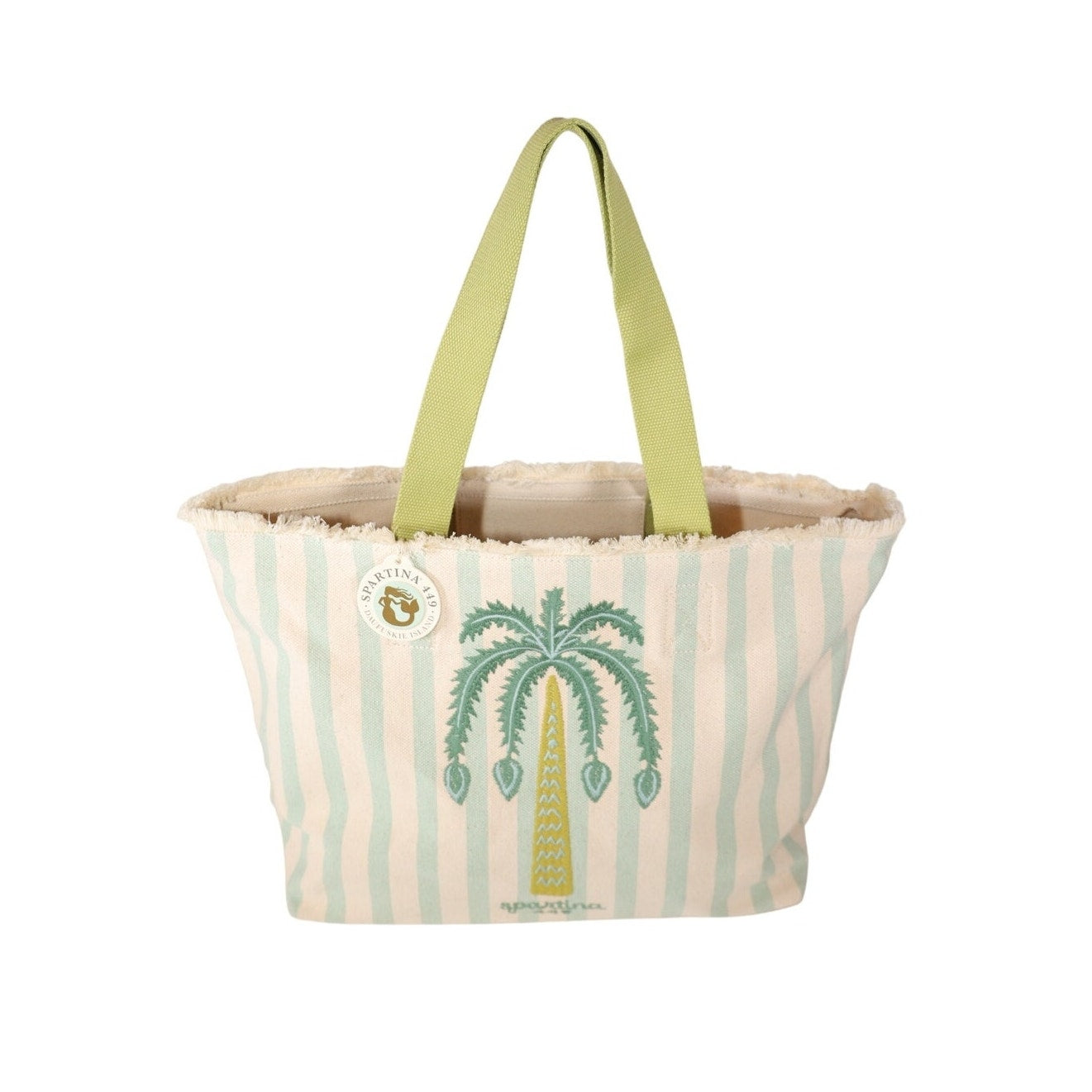 Spartina 449 Canvas Beach Tote – Sea Foam Embroidered Palm Tree Stripe