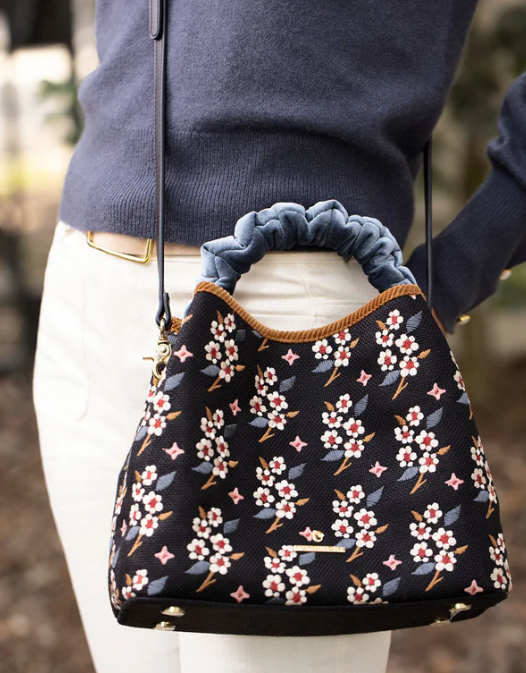 Spartina 449 Velvet Top Handle Bucket Bag - White Hall Blossom Sprig Black