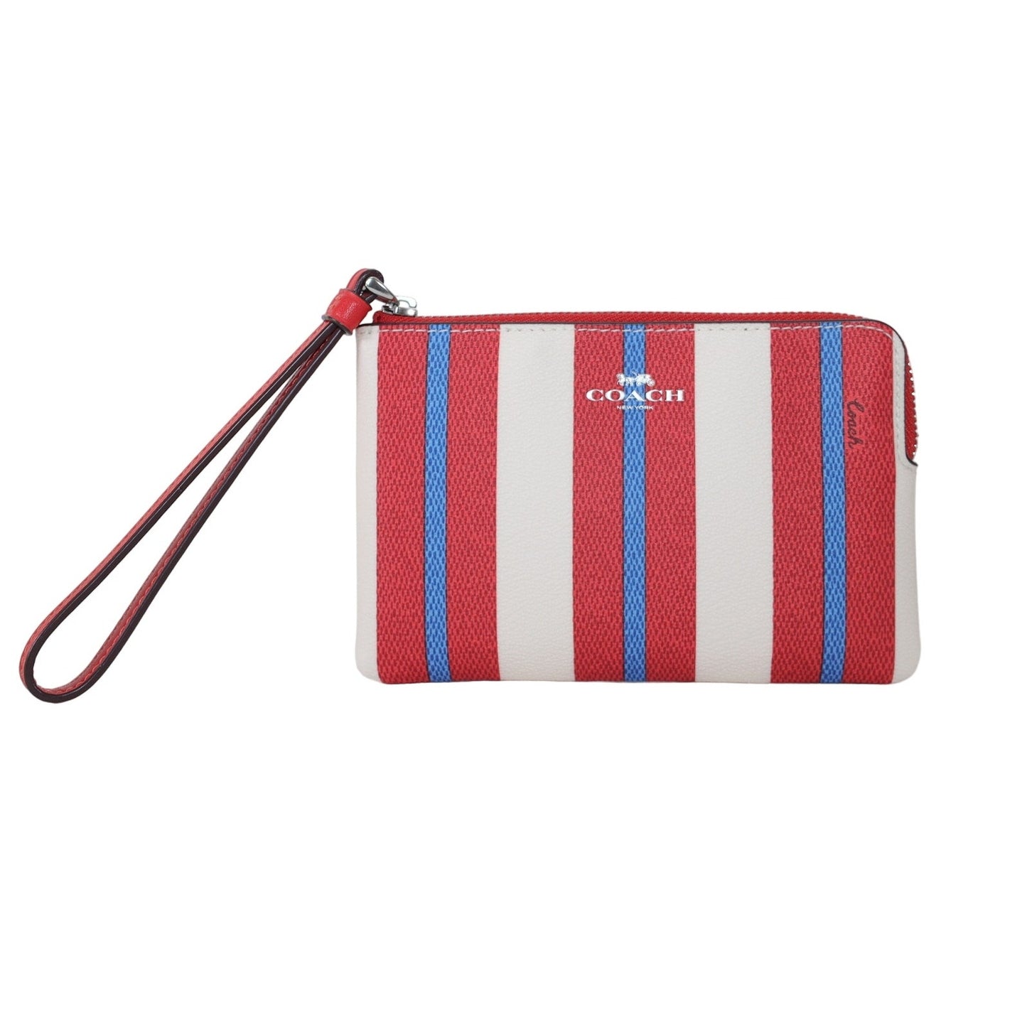 Coach Corner Zip Wristlet With Stripe Print - Red/White/Blue Stripe