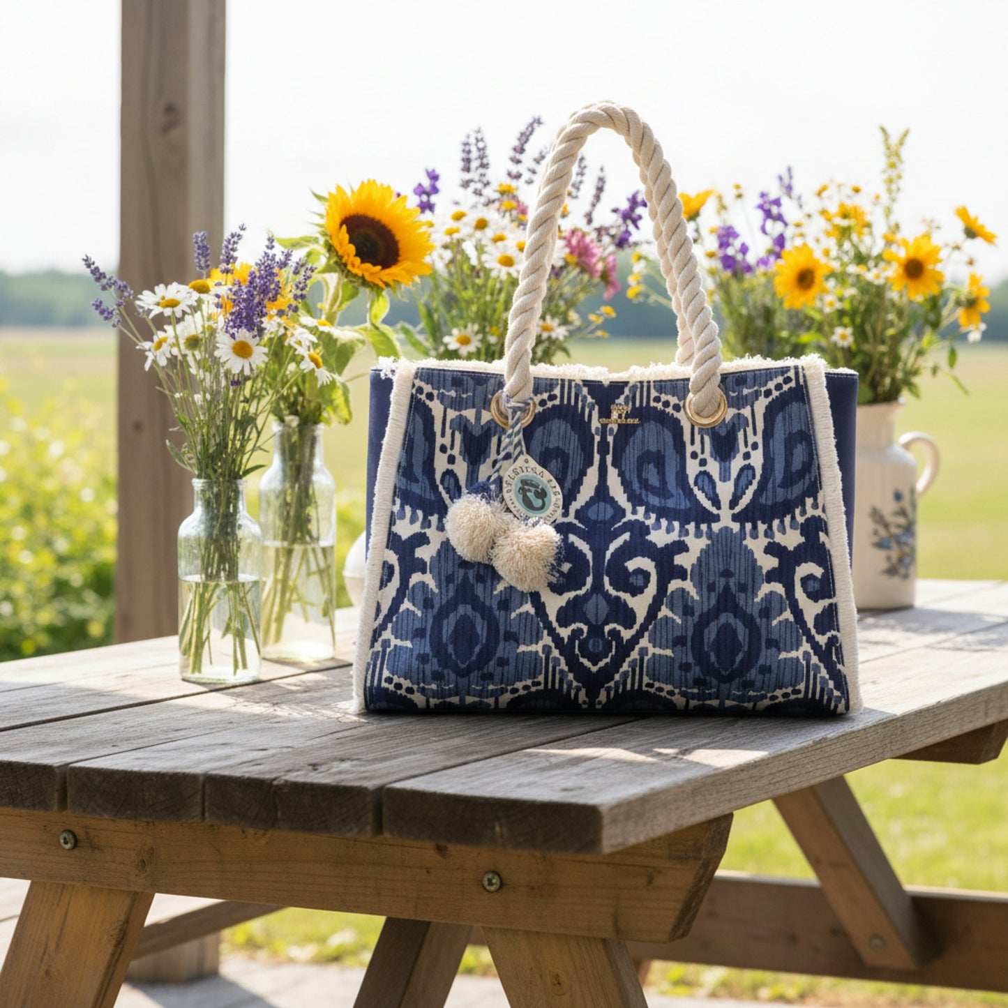 Spartina 449 Moonglade Boho Beach Tote–Large Rope Handle Bag-Blue Ikat