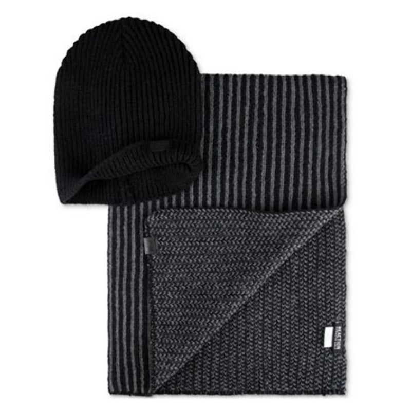 Kenneth Cole Reaction Striped Knit Scarf and Beanie Set - Black/Gray