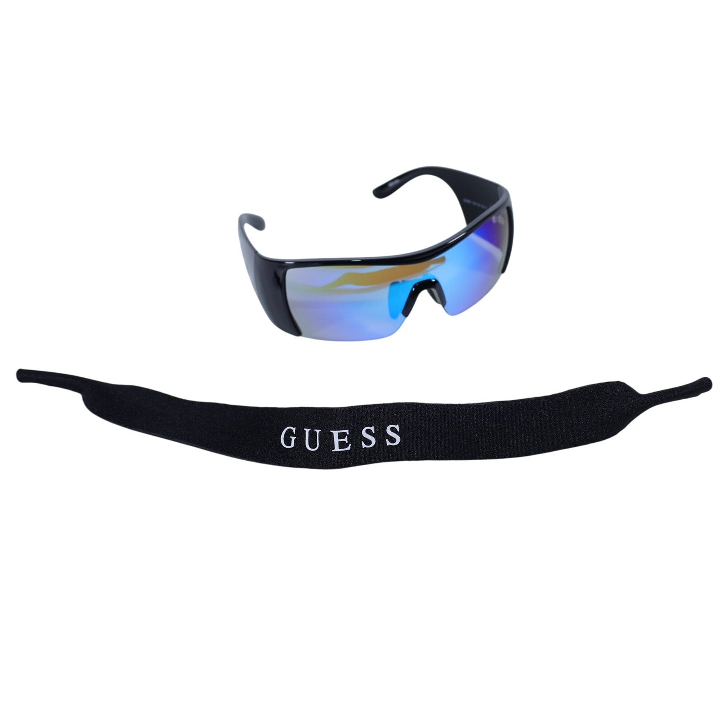 Guess Shield Wraparound Sunglasses - Shiny Black / Mirror Blue