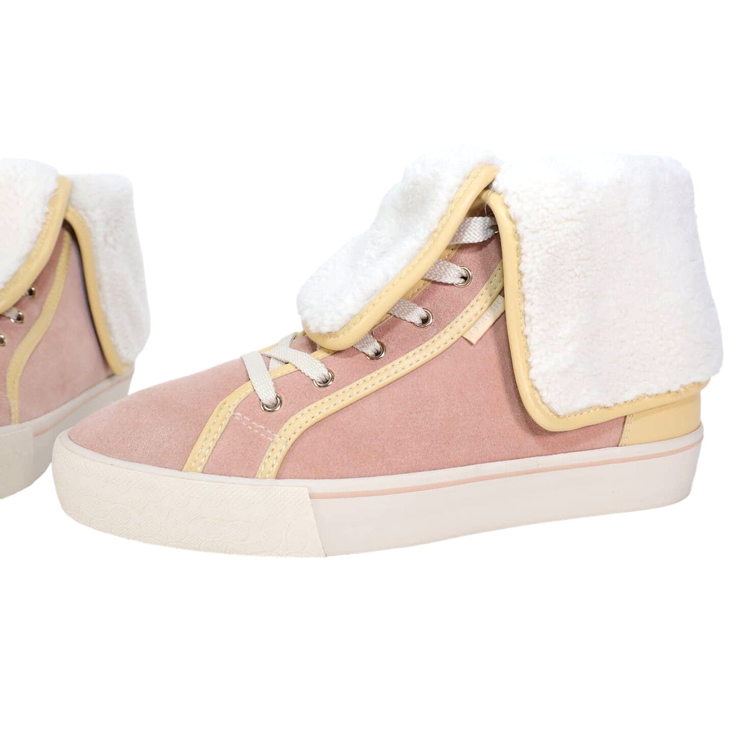 Coach Womens Suede Fold Over Sherpa High Tops- Vanilla / Pale Pink