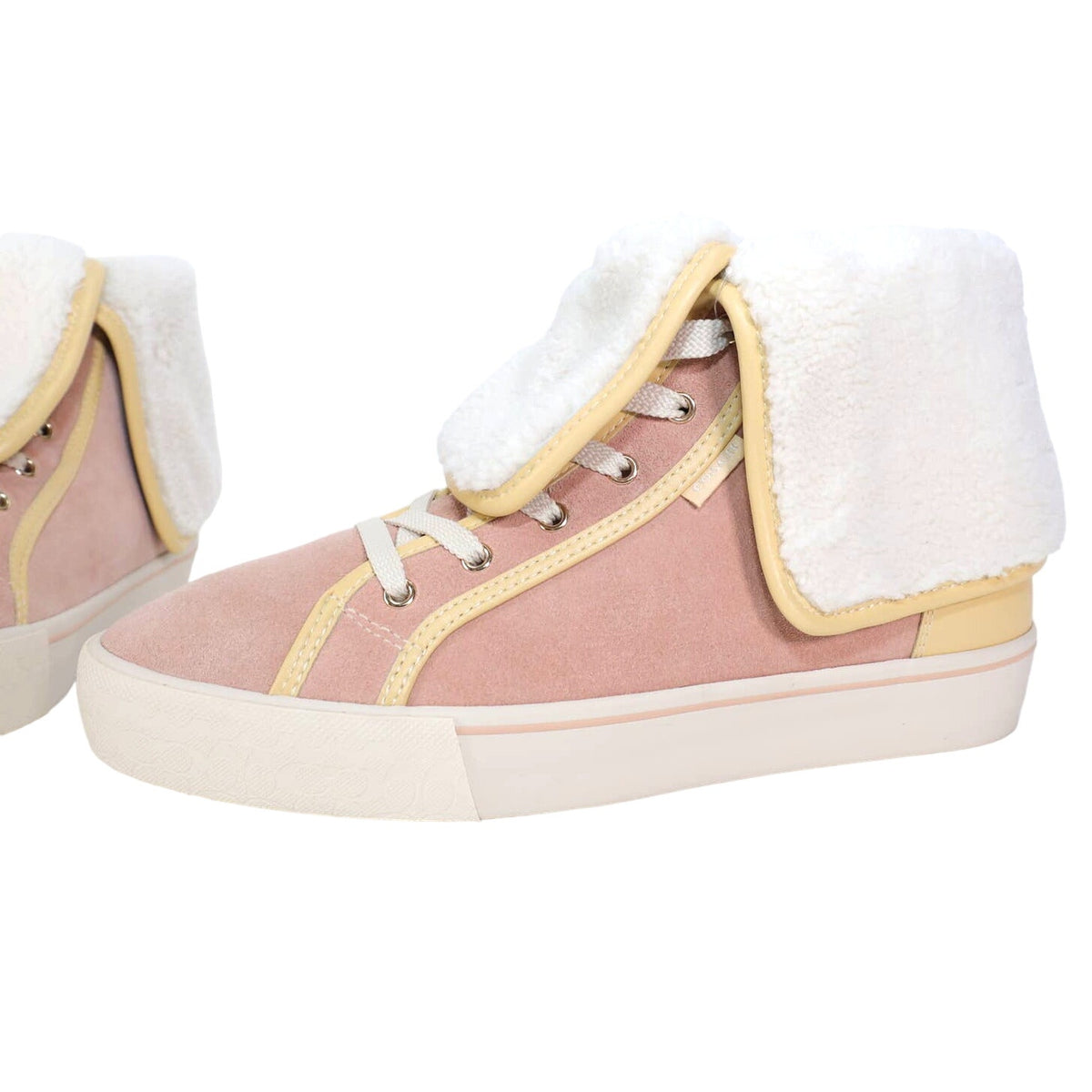 Coach Women’s Suede Sherpa Fold-Over High Top Sneakers–8.5–Vanilla/Pale Pink