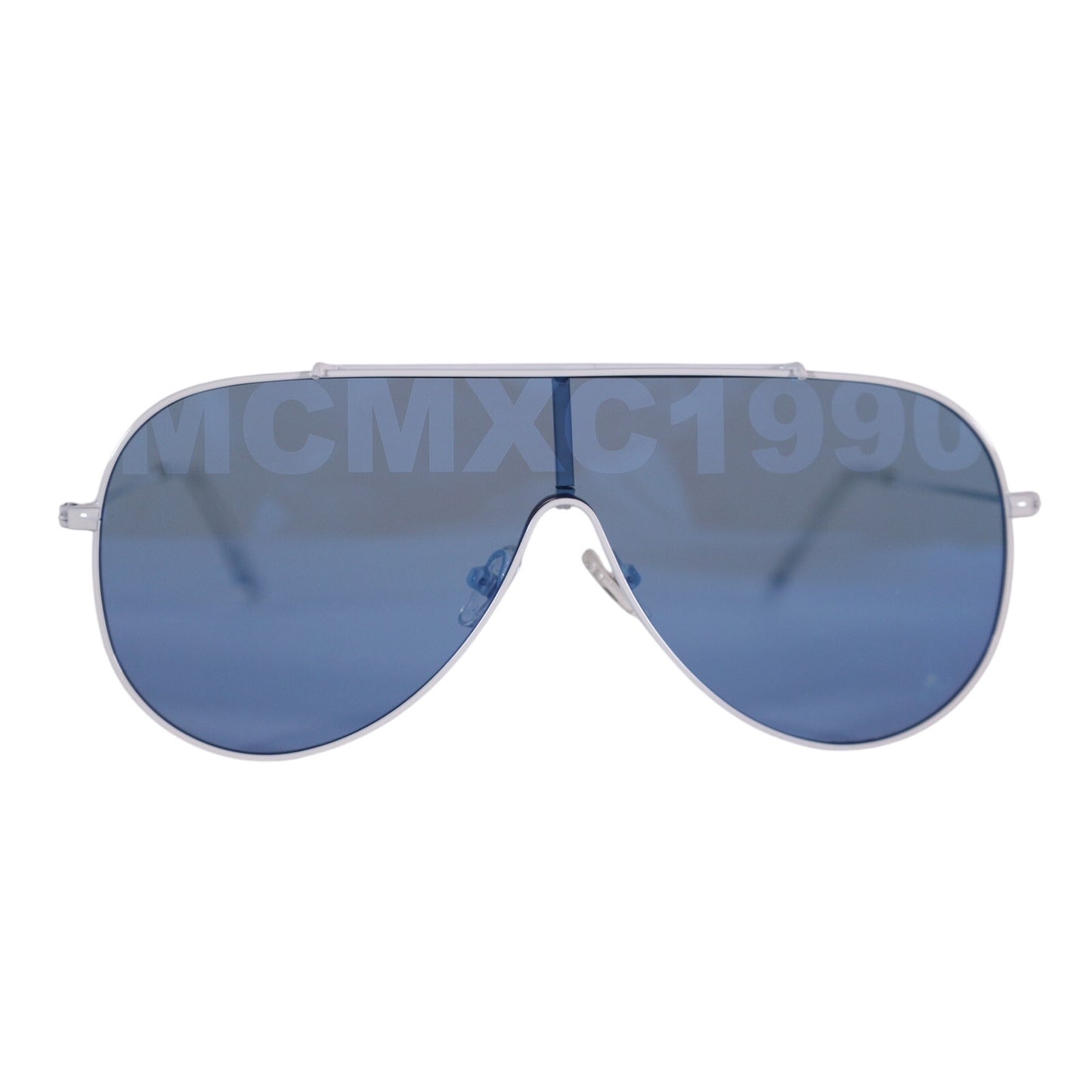 Steve Madden MAXWELL Shield Aviator Sunglasses-White Metal Frame/Blue Mirror