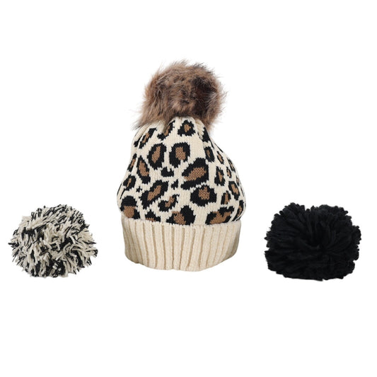Summer & Rose Chenille Leopard Print Beanie with 3 Changeable Poms