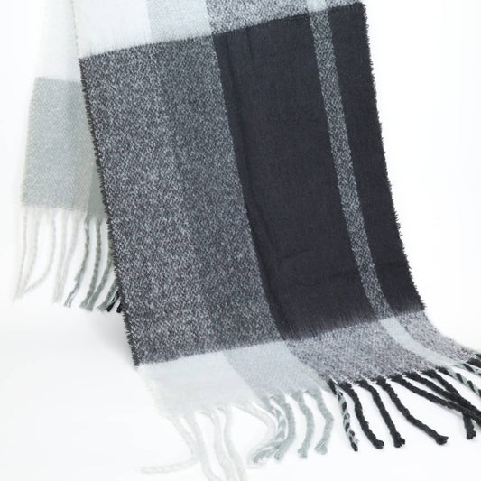 Michael Stars Classic Fringe Winter Scarf – Black / Grey Plaid