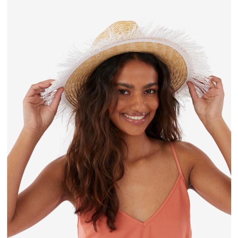 Kensie Wide Brim Straw Hat with Fringe – Beach Sun Hat – Natural – One Size