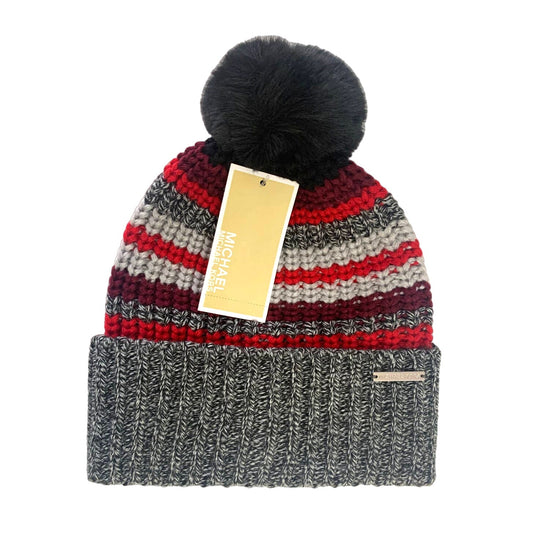 Michael Kors Shaker Stripe Knit Beanie with Faux Fur Pom - Crimson