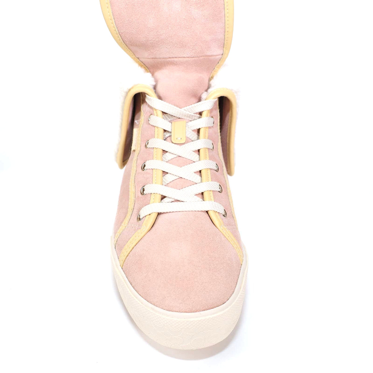 Coach Women’s Suede Sherpa Fold-Over High Top Sneakers–8.5–Vanilla/Pale Pink