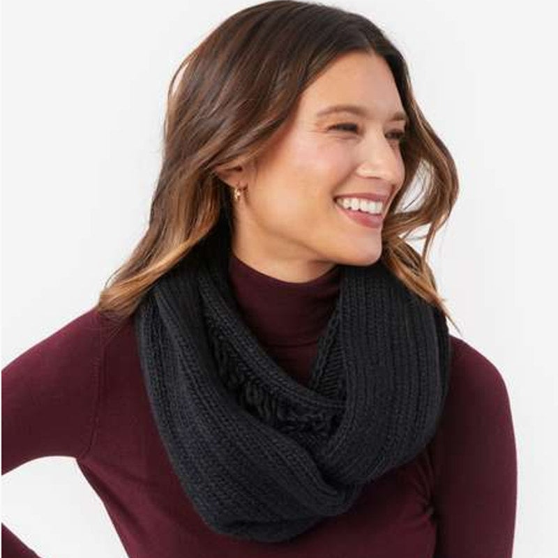 Rebecca Minkoff Knit Ribbed Infinity Fringe Scarf - Black