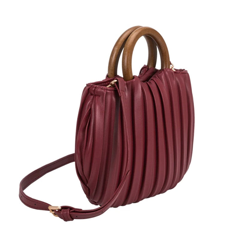 Melie Bianco Kate Crossbody Vegan Leather Bag with Wood Round Handle - Burgundy